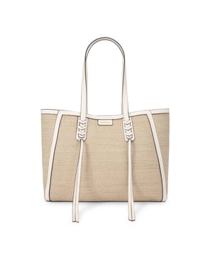 This Kurt Geiger Tassel Winged Tote bag features a natural woven raffia exterior with a small gold branding detail on the front. Each shoulder strap is accented with a braided tassel detail. Dimensions: 31cm (H), 39cm (L), 12cm (D). Strap length: 64cm.