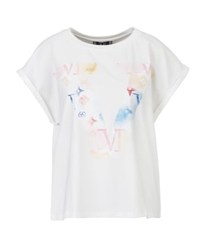 Trendiges Oversized-T-Shirt mit Farbverlauf-Logo-Print und umgeschlagenen Ärmeln. Der weiche Baumwollstoff sorgt für hohen Tragekomfort und eine entspannte Passform.