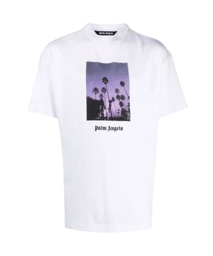 Experience timeless style and comfort with the Palm Angels Logo! Featuring a classic design, this Item is perfect for everyday wear. Stay warm and stylish while making a statement with its iconic box logo. Elevate your wardrobe with this must-have piece!, Logo On Chest, Box Palm Tree Sky Design, Palm Angels Brand Logo, 100% Cotton, Made In Portugal, Crew Neck, White Tee