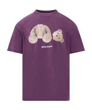 Ervaar tijdloze stijl en comfort met het Palm Angels-logo! Dit item heeft een klassiek ontwerp en is perfect voor dagelijks gebruik. Blijf warm en stijlvol en maak een statement met het iconische boxlogo. Geef je garderobe een boost met dit must-have item!, Logo op de borst, Palm Angels Signature Gothic Branding, 100% Katoen, Gemaakt in Portugal, Ronde hals, Paars T-shirt