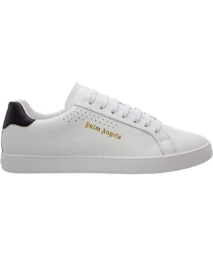 Palm Angels witte sneaker, zwarte hak, palmboom op de hiel, gouden logo aan de zijkant, leren bovenwerk, vetersluiting, witte sneakers, schoenen, gemaakt in Italië