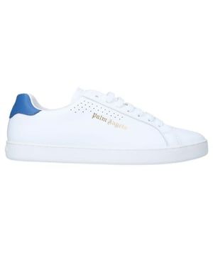 Palm Angels White Sneaker, Blue Heel, Palm Tree On Heel, Gold Logo On Side, Leather Upper, Lace Fasten, White Trainers, Footwear, Made In Italy