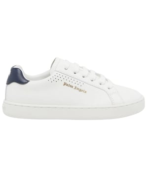 Zapatilla deportiva blanca Palm Angels, tacón azul marino, palmera en el talón, logo dorado en el lateral, parte superior de cuero, cierre de cordón, zapatillas deportivas blancas, calzado, hecho en Italia