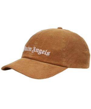Bruine hoed met Palm Angels-logo, kenmerkende gotische branding, geborduurd logo, verstelbare gesp aan de achterkant, bruine pet
