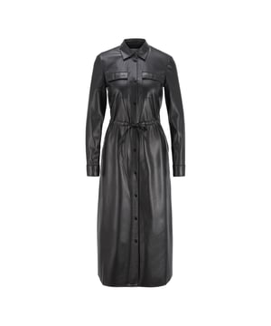A statement dress crafted in faux leather by BOSS Womenswear. This shirt dress features long sleeves  patched pockets and a drawstring at the waist for a defined silhouette. Create a chic business look with this modern design.