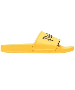 Logotipo gótico exclusivo de Palm Angels en la parte superior, chanclas amarillas, 100 % poliuretano, hecho en Italia, toboganes para piscina, toboganes de poliuretano