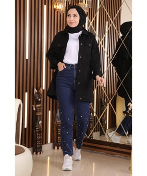 Stoffmerkmal: Hergestellt aus Denim-Stoff.Produktmerkmal: Es handelt sich um ein neues Hijab-Modestück der Saison. Es hat einen vorderen Reißverschluss und einen Knopf. Es hat eine Tasche. Die Perlen sind aufgedruckt und nicht geklebt. Aufgrund von Konzeptaufnahmen kann es zu leichten Farbabweichungen kommen. Das Model trägt Größe 38, Größe 38 Hosenmaße: Produktlänge: 97