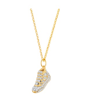 Do you love figurative motif jewelry with playful vibes and a lot of glamor? This chain of the Label Glapps Munich scores with a very special 3D trailer at fashionistas: a miniature sneaker dangles on a delicate anchor chain, lushly decorated with sparkling zirconia crystals in a diamond cut. An extension chain with a spring ring closure ensures high wearing comfort and a perfect seat in the cleavage. The chain and trailer are made of sterling silver and refined with shimmering yellow gold. The chain enhances every look and is an enrichment for your jewelry box.