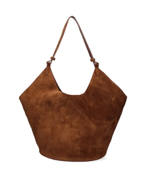 Bolso bandolera para mujer. El cierre está ausente. Los bolsillos internos son bolsos de mano. Los bolsillos externos están ausentes. Falta la correa para el hombro. El mango es de cuero. Hay un compartimento interno. El material exterior es ante auténtico. Internamente no está forrado. Medidas: 27x38x21,5 cm. Hecho en Italia