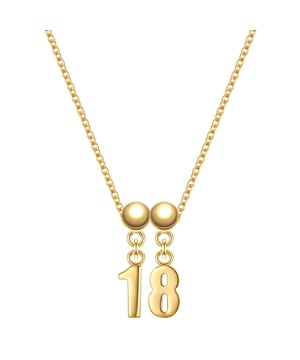 Do you love the versatility of charms but prefer clever charm systems? Then this 3-piece charm set made of yellow gold-plated sterling silver from Glanzstücken München is exactly your thing. The two number pendants for the number "18" are not attached to a charm carrier or a link chain with a carabiner, but are pushed onto the special base chain with elegant balls. The chain is closed with a stick and a silicone-coated ball - simply pull it through to the desired length and you're done. A stylish design masterpiece for an 18th birthday and for everyone who associates the number 18 with a special date or event! Tip: You can combine the basic chain with other charms from the collection.