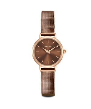 GENERAL INFORMATION:  • Targetgroup: Female  • Wristwatch: No Special Functions  • Display: analogue  • Weight of watch w/o box (gr.) - approx.: 25,0  MOVEMENT:  • Movement: Quartz  • Term of Movement: VC10  • Origin of movement: Japan  BRACELET:  • Material of bracelet/strap: Stainless steel  • Plating of bracelet/strap: Ion-Plating (IP)  • Finishing of bracelet/strap: Smooth  • Finishing/Decoration of bracelet/strap: None  • Clasp/Closure/Buckle: Slide Clasp  • Color of bracelet/strap: Brown  • Length of bracelet/strap (mm) approx.: 190,0  • Width of bracelet/strap (mm) approx.: 9,5  • Style/Design of bracelet/strap: Mesh band (Millanaise Style)  • Bracelet/strap adjustable?: No  CASE:  • Shape of case: Round  • Size/Diameter of case in mm . approx.: 24,0  • Height of case in mm: 7,6  • Case material: Metal (Alloy)  • Surface of case: Polished  • Bezel/Topring: Fixed  • Finishing/Decoration of case: None  • Material of case back: Stainless steel  • Lock of case back: No screwed-in crown  • Color of case: Rosegold  • Coating/Plating (Case): Ion-Plating (IP)  • Type/Form of crystal: Flat  • Material of crystal: Mineral crystal  • Water resistant (ATM): 3  DIAL:  • Size jewelry care cloth: Hour, Minute  • Indices: Line indices  • Material of dial: Brass  • Structure/pattern of dial: Flat  • Color of dial: Brown  PUSHER, CROWN, HAND:  • Pusher: None  • Corrector: No  • Crown: No screwed-in crown  • Type of hands: Dauphine hands  • Luminescent (hands): No  PACKAGING & SCOPE OF DELIVERY:  • Box: Yes  • Service booklet: Yes  • Manual: Yes