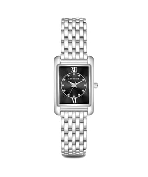 GENERAL INFORMATION:  • Targetgroup: Female  • Wristwatch: No Special Functions  • Display: analogue  • Weight of watch w/o box (gr.) - approx.: 55,0  MOVEMENT:  • Movement: Quartz  • Term of Movement: 2035  • Origin of movement: Japan  BRACELET:  • Material of bracelet/strap: Metal (Alloy)  • Plating of bracelet/strap: None  • Finishing of bracelet/strap: Smooth  • Finishing/Decoration of bracelet/strap: None  • Clasp/Closure/Buckle: Security-folding clasp  • Color of bracelet/strap: Silver  • Length of bracelet/strap (mm) approx.: 210,0  • Width of bracelet/strap (mm) approx.: 13,4  • Style/Design of bracelet/strap: Link bracelet  • Bracelet/strap adjustable?: No  CASE:  • Shape of case: Rectangular  • Size/Diameter of case in mm . approx.: 20,5 x 30,8  • Height of case in mm: 8,4  • Case material: Metal (Alloy)  • Surface of case: Polished  • Bezel/Topring: Fixed  • Finishing/Decoration of case: None  • Material of case back: Stainless steel  • Lock of case back: No screwed-in crown  • Color of case: Silver  • Coating/Plating (Case): None  • Type/Form of crystal: Flat  • Material of crystal: Mineral crystal  DIAL:  • Size jewelry care cloth: Hour, Minute, Second  • Indices: Roman numerals/points  • Material of dial: Brass  • Structure/pattern of dial: Flat/sunray  • Color of dial: Black  PUSHER, CROWN, HAND:  • Pusher: None  • Corrector: No  • Crown: No screwed-in crown  • Type of hands: Dauphine hands  • Luminescent (hands): No  PACKAGING & SCOPE OF DELIVERY:  • Box: Yes  • Service booklet: Yes  • Manual: Yes