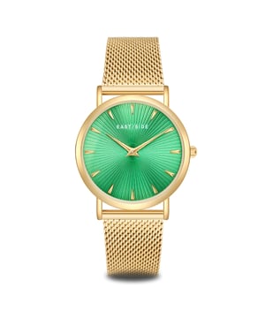 GENERAL INFORMATION:  • Targetgroup: Female  • Wristwatch: No Special Functions  • Display: analogue  • Weight of watch w/o box (gr.) - approx.: 51,0  MOVEMENT:  • Movement: Quartz  • Term of Movement: 2025  • Origin of movement: Japan  BRACELET:  • Material of bracelet/strap: Stainless steel  • Plating of bracelet/strap: Ion-Plating (IP)  • Finishing of bracelet/strap: Smooth  • Finishing/Decoration of bracelet/strap: None  • Clasp/Closure/Buckle: Slide Clasp  • Color of bracelet/strap: Yellowgold  • Length of bracelet/strap (mm) approx.: 200,0  • Width of bracelet/strap (mm) approx.: 17,5  • Style/Design of bracelet/strap: Mesh band (Millanaise Style)  • Bracelet/strap adjustable?: Yes  CASE:  • Shape of case: Round  • Size/Diameter of case in mm . approx.: 33,0  • Height of case in mm: 6,7  • Case material: Metal (Alloy)  • Surface of case: Polished  • Bezel/Topring: Fixed  • Finishing/Decoration of case: None  • Material of case back: Stainless steel  • Lock of case back: No screwed-in crown  • Color of case: Yellowgold  • Coating/Plating (Case): Ion-Plating (IP)  • Type/Form of crystal: Flat  • Material of crystal: Mineral crystal  • Water resistant (ATM): 3  DIAL:  • Size jewelry care cloth: Hour, Minute  • Indices: Line indices  • Material of dial: Brass  • Structure/pattern of dial: sunray  • Color of dial: Green  PUSHER, CROWN, HAND:  • Pusher: None  • Corrector: No  • Crown: No screwed-in crown  • Type of hands: Dauphine hands  • Luminescent (hands): No  PACKAGING & SCOPE OF DELIVERY:  • Box: Yes  • Service booklet: Yes  • Manual: Yes