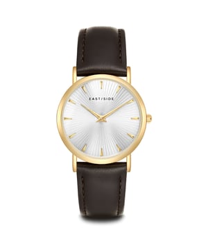 GENERAL INFORMATION:  • Targetgroup: Female  • Wristwatch: No Special Functions  • Display: analogue  • Weight of watch w/o box (gr.) - approx.: 26,0  MOVEMENT:  • Movement: Quartz  • Term of Movement: 2025  • Origin of movement: Japan  BRACELET:  • Material of bracelet/strap: Genuine leather  • Plating of bracelet/strap: None  • Finishing of bracelet/strap: Smooth  • Finishing/Decoration of bracelet/strap: Seam  • Clasp/Closure/Buckle: Buckle  • Color of bracelet/strap: Dark brown  • Length of bracelet/strap (mm) approx.: 190,0  • Width of bracelet/strap (mm) approx.: 18,0  • Style/Design of bracelet/strap: No imprint  • Bracelet/strap adjustable?: No  CASE:  • Shape of case: Round  • Size/Diameter of case in mm . approx.: 33,0  • Height of case in mm: 6,7  • Case material: Metal (Alloy)  • Surface of case: Polished  • Bezel/Topring: Fixed  • Finishing/Decoration of case: None  • Material of case back: Stainless steel  • Lock of case back: No screwed-in crown  • Color of case: Yellowgold  • Coating/Plating (Case): Ion-Plating (IP)  • Type/Form of crystal: Flat  • Material of crystal: Mineral crystal  • Water resistant (ATM): 3  DIAL:  • Size jewelry care cloth: Hour, Minute  • Indices: Line indices  • Material of dial: Brass  • Structure/pattern of dial: sunray  • Color of dial: White  PUSHER, CROWN, HAND:  • Pusher: None  • Corrector: No  • Crown: No screwed-in crown  • Type of hands: Dauphine hands  • Luminescent (hands): No  PACKAGING & SCOPE OF DELIVERY:  • Box: Yes  • Service booklet: Yes  • Manual: Yes