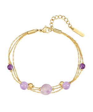Do you prefer stylish fashion jewelry with wow potential? Then this necklace from the EAST/SIDE label is exactly your thing! The multi-row design with the magical magic of gemstones draws everyone's attention to your décolleté: three link chains combine with round-cut amethyst stones and stainless steel beads - an eye-catcher that also impresses with its pleasantly smooth feel. All stainless steel elements are easy to clean and robust and finished with a high-quality 14-carat yellow gold finish. Thanks to the extension chain with a comfortable lobster clasp, the length of the chain can be adjusted quickly and easily.