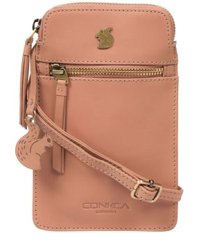 The 'Bambino' cross body phone bag from Conkca London is handcrafted from multi-toned leather for a beautiful finish. A zip-over top opens to reveal the main compartment that is the perfect size for a smartphone, lined with natural and untreated 100% cotton. Features a zipped pocket on the front and a slip pocket on the rear, ideal for small essentials. Comes with an adjustable leather strap with a maximum drop length of 70cm. Adorned with the inimitable Conkca squirrel charm and Conkca logos.
