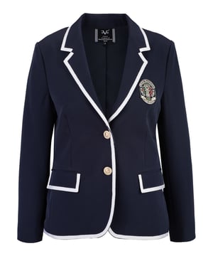 De ANGELINA damesblazer van 19V69 Italia by Versace maakt indruk met zijn sportieve elegantie en hoogwaardige details. De contrasterende biezen en het wapenschildembleem zorgen voor een unieke look. Dankzij de getailleerde snit en de hoogwaardige geweven stof is deze blazer uiterst comfortabel om te dragen en ideaal voor casual en zakelijke outfits.