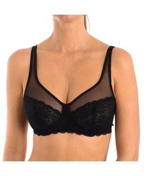 Bügel-BH  
Bügel ohne Schaumstoff.  
Spitzen-Cups mit Chiffon-Detail oben.  
Elastische und verstellbare Träger.  
Hakenverschluss an der Rückseite mit drei Positionen.  
Elastische Seiten mit Einlage für Stabilität.  
Nähte in passendem Farbton.  
Zusammensetzung: 92% Polyamid, 8% Elasthan  
Pflege:  
Maximal bei 40º waschen.  
Nicht bleichen.  
Nicht im Trockner trocknen.  
Nicht bügeln.  
Nicht chemisch reinigen.