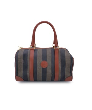 VINTAGE, RRP AS NEW
Step into the world of iconic Italian craftsmanship with the Fendi Vintage Pequin Striped Canvas Boston Bag. A perfect fusion of bold design and timeless luxury, this piece features the signature Pequin striped canvas, a striking pattern that has become synonymous with Fendi's legacy. The vibrant stripes are complemented by rich brown leather trim and handles, adding a touch of refinement to this stylish, functional bag.  The spacious interior is secured with an upper zipper closure, offering easy access to your essentials, while the black canvas lining ensures durability and structure. Inside, you'll find a side zip pocket and the 'Fendi s.a.s. Roma - Made in Italy' tag, a mark of Italian craftsmanship that speaks to the bag's heritage and quality.  With its chic yet practical design, the Fendi Pequin Striped Canvas Boston Bag is the perfect statement piece for the fashion-forward individual, effortlessly elevating any outfit with a touch of classic Fendi elegance. Condition Rating: B - VERY GOOD CONDITIONCondition Details: Gently used. Minimal wear of use on leather trim. Minimal wear of use on bottom corners. Please check the photos carefully and ask if you need to know more details or if you have any doubts.Measurements (cm):Depth: 17.8Height: 19.1Length: 34.3Other Details: Dustbag? NoKeys? NoBox? No Measurments:  width: 178 mm length: 343 mm height: 191 mm