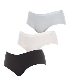 Pakket van drie culottes Dim.  
Kleur Zwart-wit-blauw.  
Elastische tailleband.  
Detail van het merkembleem geborduurd op de tailleband, achtereenvolgens.  
Elastische en ademende stof.  
Binnenvoering in dezelfde tint.  
Stiksels in dezelfde tint.  

Samenstelling: 95% Katoen - 5% Elastaan.  

Zorg:  
- Wassen op maximaal 40º.  
- Geen bleekmiddel gebruiken.  
- Niet in de droger gebruiken.  
- Niet strijken.  
- Niet chemisch reinigen.  
