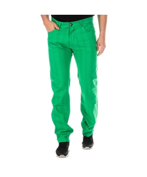 Pantalones largos.  
Color verde con finas rayas.  
Cierre de botón en la parte frontal.  
Dos bolsillos abiertos y un mini bolsillo en la parte delantera.  
Dos bolsillos abiertos en la parte trasera.  
Pasadores para cinturón.  
Etiqueta de cuero personalizada por la firma en el lateral de la cintura trasera.  
Bajos con corte recto.  
Costuras vistas en tono.  

Composición: 78% algodón. - 21% poliamida. - 1% poliéster  

Instrucciones de lavado:  
- Lavar como máximo a 40ºC.  
- Planchar a temperatura media, máx. 110 °C.  
- Se permite usar secadora.  
- No usar blanqueador.  
- No admite limpieza en seco.  

Composición: 100% algodón  
Cuidado:  
- Lavar como máximo a 40ºC.  
- Planchar a temperatura media, máx. 110ºC.  
- Se permite el uso de secadora.  
- No usar blanqueador.  
- No soporta limpieza en seco.
