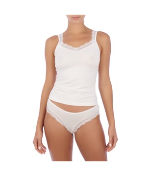 Elegant women's underwear set made of bamboo, consisting of a tank top and matching panties.

 The tank top stands out for its square neckline, embellished with delicate lace details that extend to the straps, adding a touch of sophistication and femininity.

 The low-cut briefs also feature a fine lace trim at the waist and legs, adding softness and elegance to the design.

 Bamboo, the material from which it is made, is known for its exceptional softness, breathability and antibacterial properties, offering a pleasant sensation in contact with the skin.

 This set perfectly combines style and comfort, ideal for those looking for a garment that provides comfort and distinction on a daily basis.
 Composition: T-shirt: 95% Bamboo, 5% Elastane; Briefs: 95% Bamboo, 5% Elastane
 Care:
- Hand wash or machine wash on delicate cycle.
 - Do not use a dryer.
 - Do not use bleach.
 - Iron at low temperature.