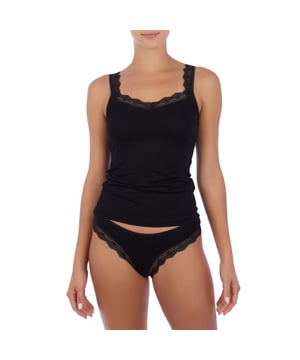 Elegant women's underwear set made of bamboo, consisting of a tank top and matching panties.

 The tank top stands out for its square neckline, embellished with delicate lace details that extend to the straps, adding a touch of sophistication and femininity.

 The low-cut briefs also feature a fine lace trim at the waist and legs, adding softness and elegance to the design.

 Bamboo, the material from which it is made, is known for its exceptional softness, breathability and antibacterial properties, offering a pleasant sensation in contact with the skin.

 This set perfectly combines style and comfort, ideal for those looking for a garment that provides comfort and distinction on a daily basis.
 Composition: T-shirt: 95% Bamboo, 5% Elastane; Briefs: 95% Bamboo, 5% Elastane
 Care:
- Hand wash or machine wash on delicate cycle.
 - Do not use a dryer.
 - Do not use bleach.
 - Iron at low temperature.