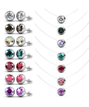 Samenstelling: Messing Afwerking: Rhodium-plated en nylon Soort steen: Oostenrijks kristal Aantal stenen (stuks): 21 Kleur steen: Multi Diameter oorbellen (mm): 5,2 Lengte ketting (mm): 400+50 Set van 7 paar oorbellen en kettingen: kristal, glanzend wit, rood, roze, paars, zwart en groen.