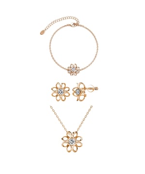 Samenstelling: Messing Afwerking: 18k roségoud verguld Steensoort: Oostenrijks kristal Aantal stenen (stuks): 2 Steenkleur: Kristal Lengte ketting: Lengte ketting (mm): 400 + 50 Lengte armband: 180 + 50 Diameter oorbellen (mm): 12,2