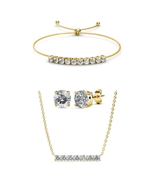 Composición: Latón Acabado: Chapado en Oro de 18k Tipo de Piedra: Cristal Austriaco Número de Piedras (uds): 12 Color de Piedra: Cristal Diámetro de Pendientes (mm): 5.2 Largo de Pulsera (mm): 245 Largo de Cadena (mm): 400 +50