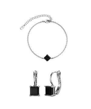 Composición: Latón Acabado: Baño de rodio Tipo de piedra: Cristal austriaco Número de piedras (piezas): 3 Color de la piedra: Negro Longitud de la pulsera (mm): 170 + 50 Longitud de los pendientes (mm): 7,25
