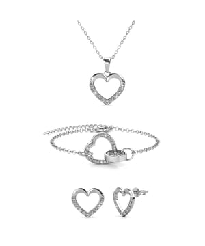 Samenstelling: Messing Afwerking: Rhodium geplateerd Steensoort: Oostenrijks kristal Aantal stenen (stuks): 59 Steenkleur: Kristal Lengte ketting: Lengte ketting (mm): 400 + 50 Diameter oorbellen (mm): 9,67 x 10,9 x 1,83 Lengte armband (mm): 160 + 50