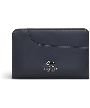 Blauwe Radley portemonnee voor dames, gemaakt van leer. Met: drukknoopsluiting, ritsvak, meerdere kaartvakken, beschermende stofzak en hoogte 9 cm x breedte 13 cm x diepte 2 cm.