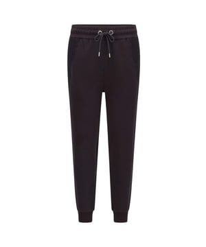 sweat pants with black lace stitched on top along pockets front-back; metal eyelets and cord with metal ending with Boss logo