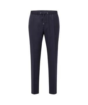 Mens BOSS Banks Trousers in dark blue.- Elasticated drawcord waist.- Button and zip closure.- French pocket.- Jet pocket.- Serge-woven wool.- Slim fit.- Main material: 100% Virgin wool  Lining: 100% Viscose.  Dry clean only.- Ref: 50403896401