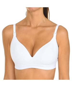 Dim Maternal Bra.
 Specially designed to adapt to the pregnancy and breastfeeding period.
 Without padding and without underwire.
 With nursing clips on the top, which will make it easier for you to open and breastfeed.
 Very soft, comfortable and adjustable straps.
 Good breast support, thanks to its padded cups that give a natural shape.
 Seams seen in tone.
 Composition: 82% Cotton, 11% Polyester, 7% Elastane
 Care:
Wash at max temperature 40º.
 - Do not use bleach.
 - Do not use dryer.
 - Do not iron.
 - Do not dry clean.