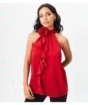 Introducing our Red Corsage Frill Halter Neck Top - a statement piece that exudes elegance and sophistication. The top features stunning corsage detailing and delicate frill accents, perfect for adding a touch of luxury to any outfit. Elevate your wardrobe with this exclusive top.