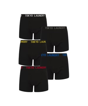 Indulge in everyday comfort with this 5-pack of boxers from Tokyo Laundry. Made from cotton-rich and stretch fabric, these boxers offer a soft and breathable feel. The plush woven waistband provides a secure fit, while the bright colours on the slogan waistband adds a dash of style to your everyday essentials. Upgrade your underwear collection now!