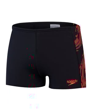 Look the part in training wearing the black Tech Aquashort  featuring a red and grey curved line graphic. A drawstring waist allows for an adjustable fit  so you feel confident and secure during your swim. Made from our durable Endurance+ fabric  which is quick-drying and chlorine-resistant.