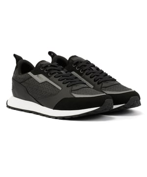 Stylish sneakers featuring a mixed-material upper, adorned with an all-over repeat Hugo monogram pattern for a bold statement. Designed with a lightweight EVA sole for ultimate comfort and support