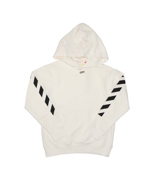 Junior Off White Stamp Hoodie in white - black.- Lined hood.- Kangaroo pocket.- Ribbed cuffs and hem.- Diagonal stripes on the sleeves.- Stamp logo.- 95% Cotton  5% Elastane.- Ref: OGBB0020010110
