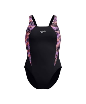 Womens Speedo Hyperback Splice Muscleback Swimsuit in black.Make a statement in HyperBoom logo prints. Paying homage to our legacy graphics  this sporty black Muscleback features flattering shaped side panel splices of our evolutionary HyperBoom logo print in intense shades of pink and grey. The muscleback design and medium leg offer flexibility and freedom of movement  so you can rock your workout in comfort. Made from our durable Endurance+ fabric  it's quickdrying and chlorine-resistant. Plus  the Polyester yarn in this fabric is made from 100% post-consumer waste  such as recycled plastic bottleRef: 81347016765Please note that returns will only be accepted if the hygiene label is still attached to the product.