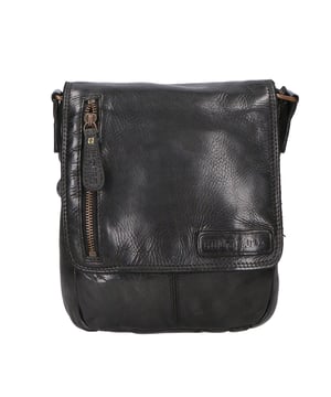 Bolso bandolera para hombre. El cierre es con cremallera. Los bolsillos internos son uno con cremallera y otro abierto. Los bolsillos externos son dos delanteros con cremallera y uno trasero con cremallera. La bandolera es ajustable en piel. Falta el mango. Hay un compartimento interno. El material exterior es auténtica piel de becerro engrasada. Internamente está forrado en tejido 70% algodón - 30% poliéster. Medidas: 26x30x8 cm. Producto de moda