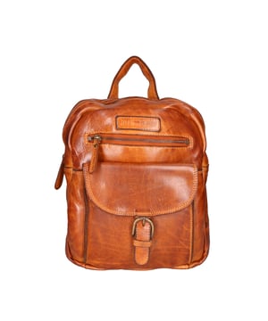 Mochila de hombre. El cierre es con cremallera. Los bolsillos internos son uno con cremallera y dos abiertos. Los bolsillos externos son uno delantero con cremallera y otro trasero con cremallera. Falta la correa para el hombro. El mango es de piel. Hay un compartimento interno. El material exterior es auténtica piel de becerro engrasada. Internamente está forrado en tejido 70% algodón - 30% poliéster. Medidas: 24x27x9 cm. Producto de moda