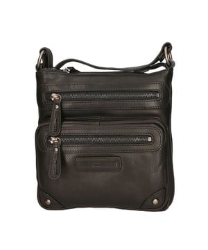 Bolso bandolera para hombre. El cierre es con cremallera. Los bolsillos internos son uno con cremallera y otro abierto. Los bolsillos externos son dos delanteros con cremallera y uno trasero con cremallera. La bandolera es ajustable en piel. Falta el mango. Hay dos compartimentos internos. El material exterior es auténtica piel de becerro engrasada. Internamente está forrado en tejido 70% algodón - 30% poliéster. Medidas: 22x23x5 cm. Producto de moda
