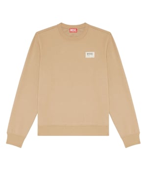 Jersey beige con logotipo de la marca Diesel, 60% algodón, 40% poliéster, gráfico en el pecho, cuello redondo, mangas largas, logotipo de la marca, cuello, extremos de las mangas y parte inferior elásticos