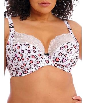 Elomi Lucie Bra. Three section printed cup with side support panel for forward shape and a stretch lace and low centre gore creating a plunge shape. Product is hand wash only.