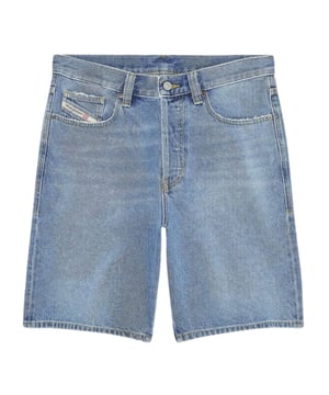 Pantalones cortos de mezclilla azul regular, lavado azul, 100% algodón, estilo de ajuste regular con 5 bolsillos, bragueta con cremallera, insignia de la marca
