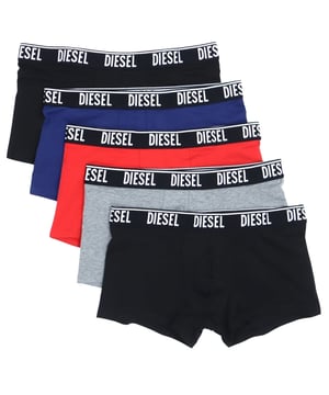 Diesel Herren-Boxershorts, 5er-Pack, 95 % Baumwolle, 5 % Elasthan, Stretch-Passform, hergestellt in Bangladesch, 5er-Pack Farben – 2x Schwarz, Grau, Rot, Blau, Diesel-Logo am Bund, schwarzer Bund, Diesel-Logo am Band, Diesel-Branding
