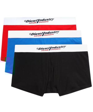 Diesel boxershorts voor heren, 3 stuks, 95% katoen, 5% elastaan, stretchende pasvorm, gemaakt in Bangladesh, Diesel-merk op de tailleband, 3 kleuren - rood, blauw, zwart, witte tailleband, Diesel Indusrty-logo op de band, Diesel-merk